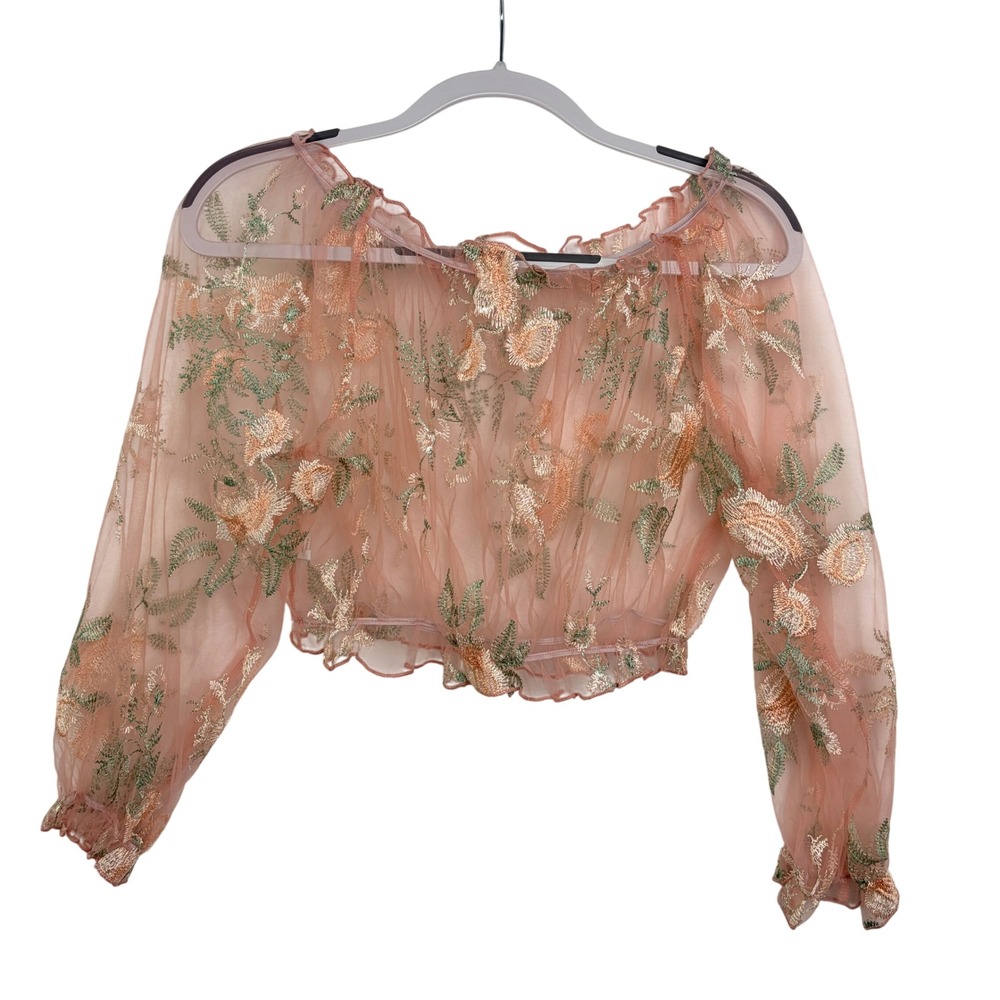 Unbranded Floral Embroidered Sheer Mesh Crop Top Medium Pink/Peach Boho